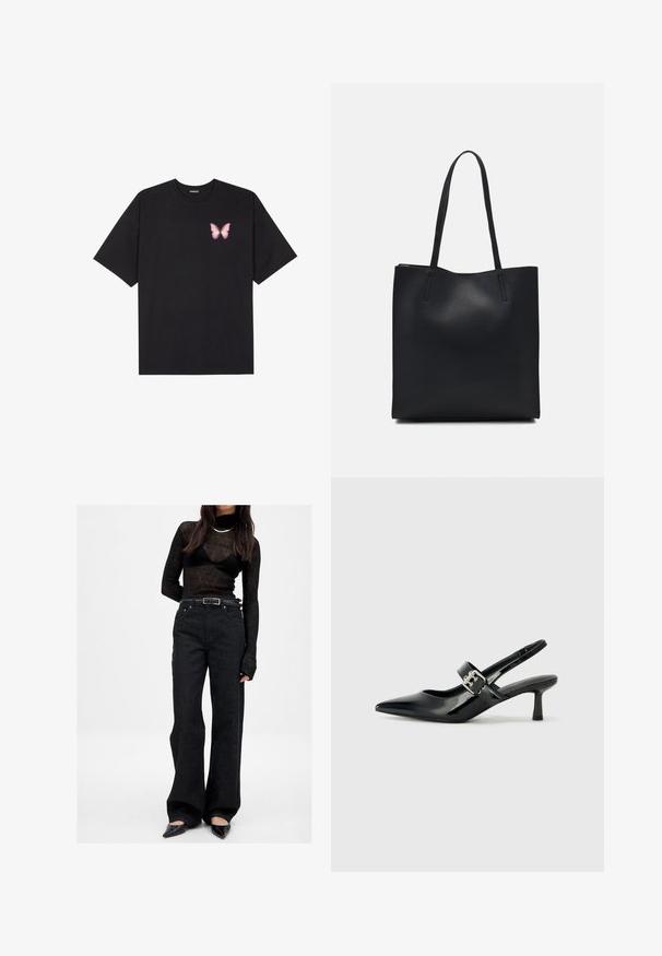 Camiseta de algodón negra de manga corta, con un pequeño gráfico de mariposa rosa en el lado izquierdo del pecho. Diseño de cuello redondo con un corte relajado.; Jeans negros de talle alto y corte amplio, con bolsillos delanteros y una hebilla metálica en el cinturón. Combinados con una blusa negra transparente.; Zapatos de tacón en charol negro con tira al tobillo, punta afilada y un pequeño tacón bloque, que cuentan con un acento de hebilla plateada en la correa.; Bolso tote de cuero negro con textura lisa, forma rectangular y dos asas largas. Sin herrajes ni adornos visibles.