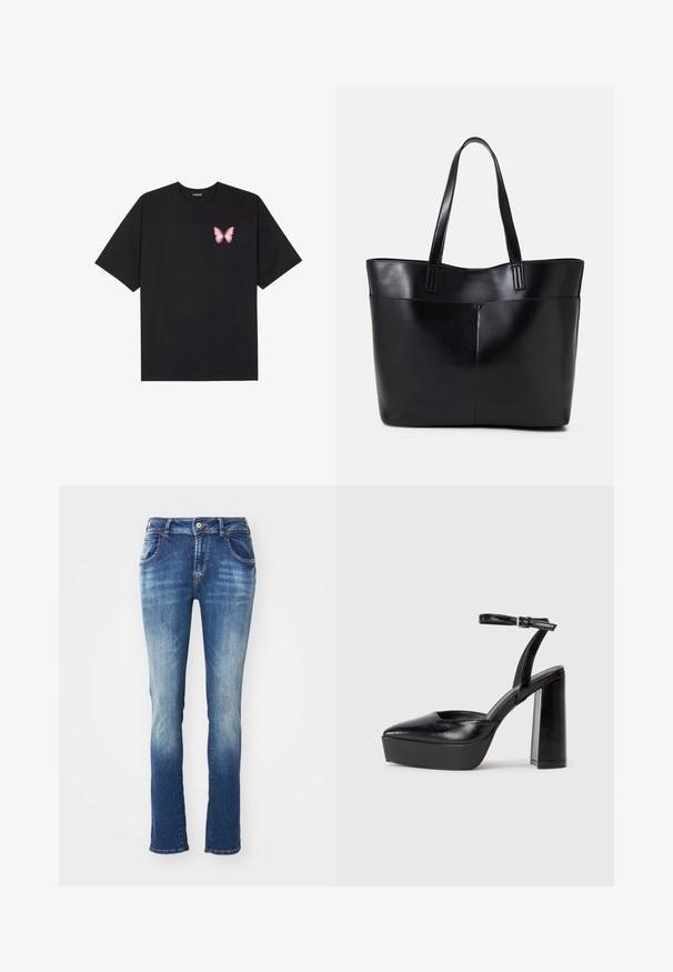 Must muströöpidega must puuvillane T-särk, vasakul rinnal on väike roosa liblikas. Ümar kaelus ja vabalt istuv lõige.; Geneed džinsid keskmise kuni heleda sinise gradiendiga. Omavad klassikalist viit taskut, vööloopse ja nupuga kinnitamist.; Mustad platvormi kontsad terava ninaga ja reguleeritava pahkluuraamiga. Valmistatud siledast nahast, funktsioneerib massiivse plokknäheeliga.; Must mustaga musta nahast, millel on kaks pikka kanda, sile tekstuur ja struktureeritud kuju. Esipoolsel on lisakoti jaoks tasku.