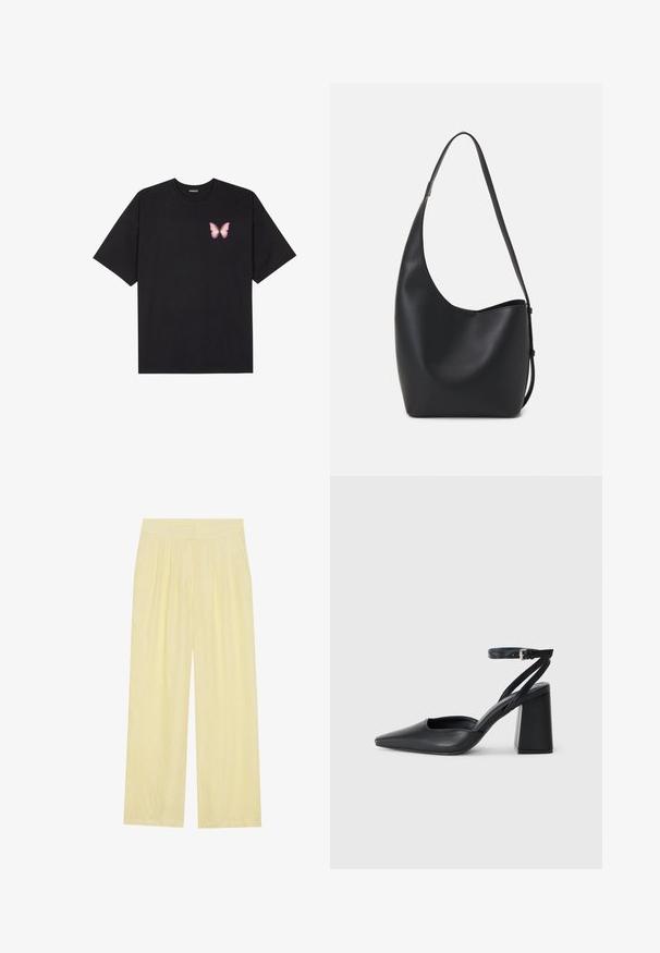 Must muströöpidega must puuvillane T-särk, vasakul rinnal on väike roosa liblikas. Ümar kaelus ja vabalt istuv lõige.; Heledad kollased laiad püksid, mis on valmistatud tekstuursetest kangast, ees volditud ja kõrgema elastse vöökoha ning.; Mustmustest must-käigukingad, millel on konksuga nöör ja paks konts. Ühtlane tekstuur, stiilne disain ja minimalistlik esteetika.; Mustast nahast hobo kott, millel on sile tekstuur, kumer kuju ja üks reguleeritav rihm; peal on lai avaus.