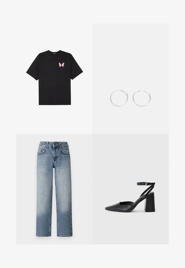 Juodas medvilnės marškinėliai trumpomis rankovėmis, su maža rožine drugelio grafika kairėje krūtinės pusėje. Apvalus kaklo iškirpimas, laisvas kirpimas.; Šviesiai mėlyni džinsai plačiomis kojomis su aukštu juosmeniu, turintys penkias kišenes, mygtuko užsegimą ir nusidėvėjimo efektą ant kojų.; Juoda odinė smailiagalė aukštakulnio bateliai su kulkšnies dirželiu ir storu kulnu. Lygus paviršius, elegantiškas dizainas ir minimalistiška estetinė. ; Sidabrinės auskarai žiedai su sėslia, apvalia forma, pasižymintys lygia paviršiumi ir be matomų puošmenų. Svoris nenurodytas.