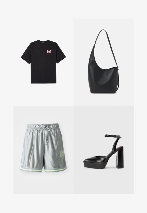 T-shirt de algodão preto com mangas curtas, apresentando um pequeno gráfico de borboleta rosa no lado esquerdo do peito. Design de gola redonda com um corte solto.; Calções de desporto cinzentos feitos de um tecido leve. Apresentam uma cintura elástica com cordão, riscas em verde e detalhes de logo.; Saltos altos pretos com bico fino e atilho ajustável no tornozelo. Confeccionados em couro suave, apresentam um salto bloco robusto.; Saco hobo preto em pele com uma textura lisa, forma curva e uma única alça ajustável; apresenta uma abertura larga na parte de cima.