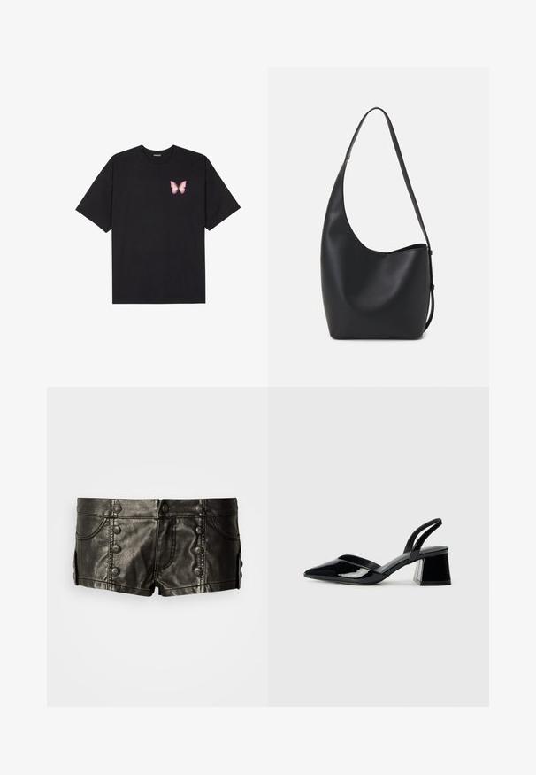 T-shirt de algodão preto com mangas curtas, apresentando um pequeno gráfico de borboleta rosa no lado esquerdo do peito. Design de gola redonda com um corte solto.; Calções baixos de couro preto com botões metálicos decorativos na frente e laterais, apresentando bolsos frontais e detalhes de costura.; Sandy em verniz preto com salto slingback, ponta afilada e salto geométrico. Apresenta um design elegante e minimalista com textura suave.; Saco hobo preto em pele com uma textura lisa, forma curva e uma única alça ajustável; apresenta uma abertura larga na parte de cima.