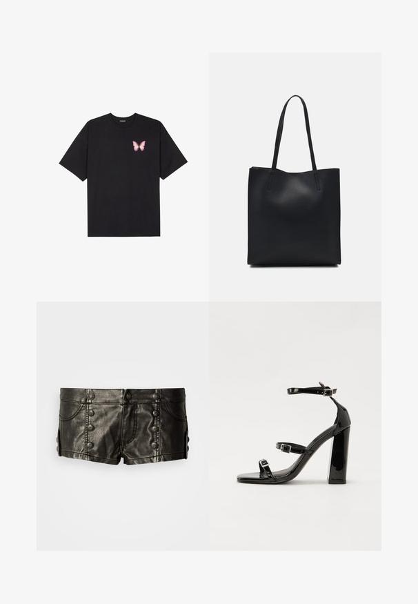 Crna pamučna majica s kratkim rukavima, s malim grafičkim prikazom ružičaste vjetricaste s desne strane na prsima. Dizajn s okruglim izrezom i opuštenim krojem.; Crne kožne kratke hlače s niskim strukom, ukrašene metalnim gumbima sprijeda i sa strane, s prednjim džepovima i detaljima šavova.; Crne lakirane sandale na pete sa kvadratnim nosom, trakama oko gležnja i srebrnim kopčama. Imaju čvrst blok petu za stabilnost.; Crna kožna torba za nošenje s glatkom teksturom, pravokutnim oblikom i dvije duge ručke. Nema vidljivih metalnih dijelova ili ukrasa.