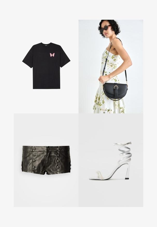 Black cotton t-shirt with short sleeves, featuring a small pink butterfly graphic on the left chest. Crew neck design with a relaxed fit.; Black leather low-rise shorts with decorative metal buttons on front and sides, featuring front pockets and stitching details.; Silver high-heeled sandal with a shiny strap design, featuring a pearl-like accent and a spiraled ankle strap for secure fit.; Black leather handbag with a curved shape, detachable strap, and gold hardware. The bag features a flap with a buckle detail.