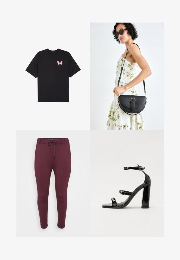 Tricou negru din bumbac cu mâneci scurte, având pe partea stângă a pieptului un mic grafic cu un fluture roz. Design cu guler rotund și croială lejeră.; Pantaloni stretchy burgundy, cu talie ajustabilă prin șnur, cu un design ajustat și picioare conice, afișați pe un fundal alb.; Sandale negre din piele lacuită, cu toc înalt, două curele cu catarame, vârf pătrat și toc gros, având o textură netedă și lucioasă.; Geantă din piele neagră, cu o formă curbată, curea detașabilă și accesorii aurii. Geanta are un capac cu un detaliu tip cataramă.