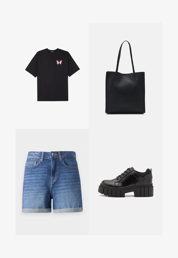 T-shirt de algodão preto com mangas curtas, apresentando um pequeno gráfico de borboleta rosa no lado esquerdo do peito. Design de gola redonda com um corte solto.; Calças de ganga curtas em azul desbotado com uma bainha dobrada. Apresentam um fecho de correr, bolsos frontais e uma textura subtil. Fecho de botão na cintura.; Sapatos de plataforma em couro preto com um salto bloco robusto, bico redondo e design clássico de atacadores. Apresentam uma textura suave e detalhes mínimos.; Bolsa tote preta em couro com textura lisa, forma retangular e duas alças longas. Sem hardware ou enfeites visíveis.