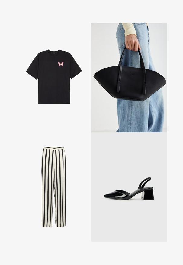 Melna kokvilnas T-krekls ar īsām piedurknēm, kuram priekšā kreisajā pusē ir neliels rozā tauriņa grafiskais attēls. Ar apaļu kaklu un brīvā stila piegriezumu.; Melnbaltās svītrainās bikses ar taisna piegriezuma dizainu un elastīgu jostasvietu. Izgatavotas no viegla auduma ar gludu tekstūru.; Melna lakota āda ar atvērto papēdi, ar smailu purngalu un ģeometrisku blokpapēdi. Iezīmējas elegants, minimāls dizains un gluda tekstūra.; Melnas ādas rokassoma ar unikālu ventilatora formu, aprīkota ar plakaniem rokturiem. Virsma ir ar graudainu faktūru un minimālistisku dizainu.