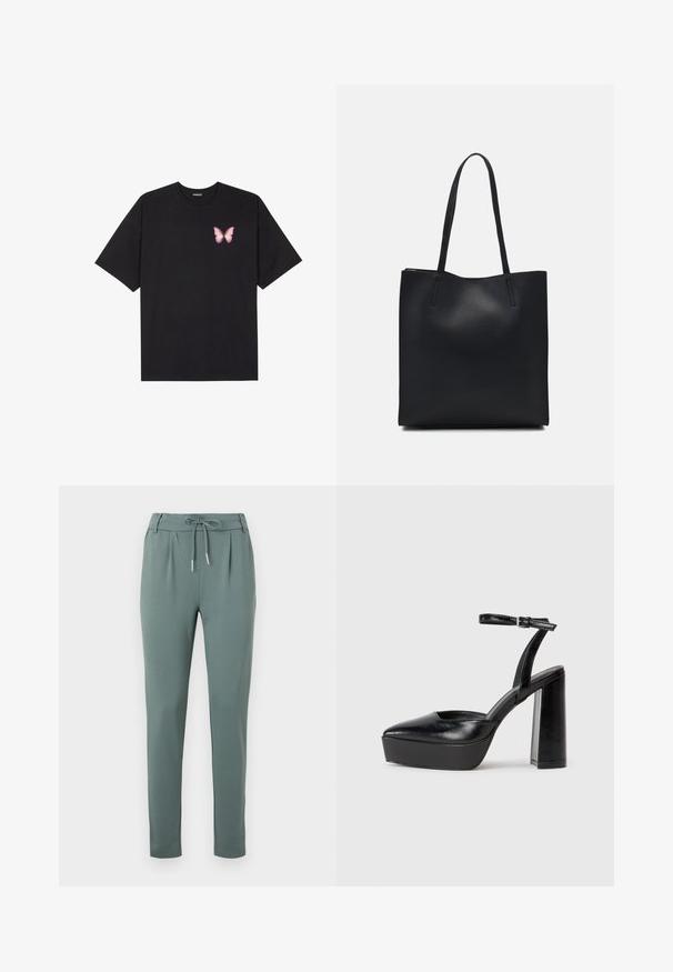 Black cotton t-shirt with short sleeves, featuring a small pink butterfly graphic on the left chest. Crew neck design with a relaxed fit.; Grey-green trousers made of soft fabric, featuring a drawstring waist, pleats at the front, and straight legs with elastic hems.; Black platform heels with a pointed toe and adjustable ankle strap. Constructed from smooth leather, featuring a chunky block heel.; Black leather tote bag with smooth texture, rectangular shape, and two long handles. No visible hardware or embellishments.