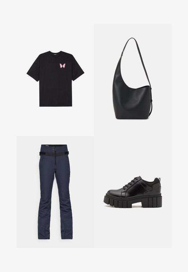 Crna pamučna majica s kratkim rukavima, s malim grafičkim prikazom ružičaste vjetricaste s desne strane na prsima. Dizajn s okruglim izrezom i opuštenim krojem.; Temno plavi skijaški hlače s uskim dizajnom, visokim strukom, tri gumba, prednjim zatvaračem i dva bočna džepa.; Crne kožne platforme s debelim blok-peta, okruglim prstima i klasičnim dizajnom vezanja. Imaju gladak tekstur i minimalne detalje.; Crna kožna hobo torba s glatkom teksturom, zakrivljenim oblikom i jednom podesivom trakicom; ima širok otvor na vrhu.