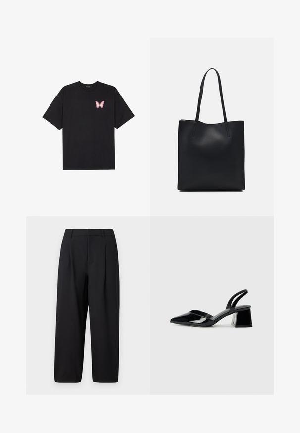 Schwarzes Baumwoll-T-Shirt mit kurzen Ärmeln, das ein kleines pinkes Schmetterlingsmotiv auf der linken Brust zeigt. Crewneck-Design mit einem entspannten Schnitt.; Schwarze Hose mit lockerer Passform, gefalteter Vorderseite, flachem Bund und glatter Textur. In verkürzter Länge geschnitten, geeignet für formelle oder lässige Anlässe.; Schwarze Lackleder-Slingback-High Heels mit spitzem Schuh und einem geometrischen Blockabsatz. Verfügt über ein schlankes, minimalistisches Design und eine glatte Textur.; Schwarze Laptoptasche aus Leder mit glatter Textur, rechteckiger Form und zwei langen Griffen. Keine sichtbaren Beschläge oder Verzierungen.