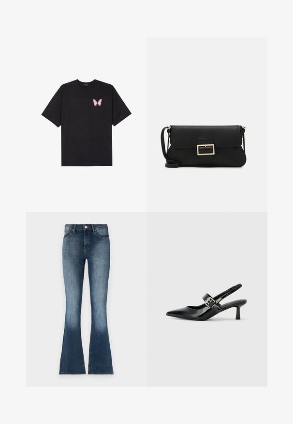 Zwarte katoenen t-shirt met korte mouwen, voorzien van een kleine roze vlinder graphic op de linkerkant van de borst. Crew neck ontwerp met een relaxte fit.; Blauwe spijkerbroek met uitlopende pijpen, mid-rise taille, vervaagde afwerking en traditioneel vijf-pocket ontwerp. Zachte textuur en subtiele stikdetails.; Zwarte gepatineerde leren slingback hakken met een puntige neus en een kleine blokhak, met een zilveren gespaccent op de band.; Zwarte leren clutch met een klep en een gouden metalen sluiting. Inclusief een zwarte schouderband en een slank, minimalistisch ontwerp.; Gouden metalen oorbel met een slank, gebogen ontwerp. Beschikt over een kenmerkende puntige vorm, gepolijste oppervlakte en scharnier sluiting.