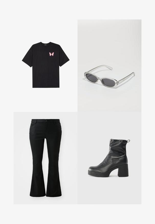 Fekete pamut póló rövid ujjakkal, bal mellkason egy kis rózsaszín pillangó grafikával. Kerek nyakú kialakítás, laza fazonnal.; Fekete trapéz nadrág sima anyagból. Elülső zsebekkel, gombos zipzárral és illeszkedő derékkal rendelkezik, amely a trapéz lábra bővül.; Fekete bokacsizmák sima bőrből, oldalsó cipzárral, vastag, texturált sarkú és lekerekített orrú dizájnnal.; Ovális formájú napszemüveg, átlátszó műanyag keret, sötétszürke lencsék és vékony, átlátszó szárak, logóakkcentussal és minimális díszítéssel.; Fekete bőr válltáska, laza formával és varrás részletekkel. A model egy rózsaszín és fehér csíkos inget visel széles szárú kék farmernadrággal.