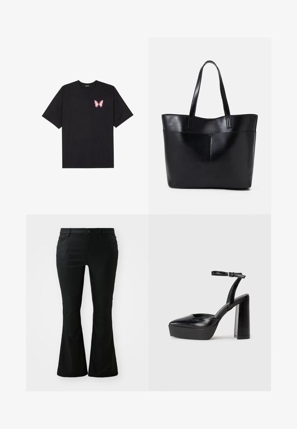 T-shirt en coton noir à manches courtes, avec un petit graphique de papillon rose sur la poitrine gauche. Modèle à col rond avec une coupe décontractée.; Pantalons évasés noirs en tissu lisse. Dotés de poches avant, d'une braguette à bouton et d'une taille ajustée qui s'élargit en une jambe évasée.; Escarpins noirs à plateforme avec un bout pointu et une sangle réglable à la cheville. Conçus en cuir lisse, avec un large talon bloc.; Sac fourre-tout en cuir noir avec deux longues poignées, une texture lisse et une forme structurée. Dispose d'une poche avant pour un rangement supplémentaire.