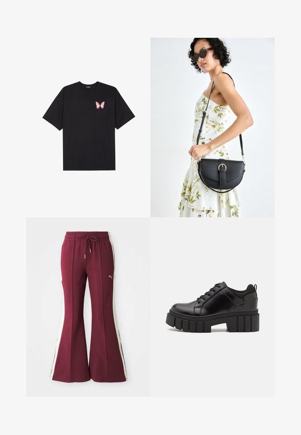 Černé bavlněné tričko s krátkým rukávem, na levém prsou s malou grafikou růžové motýlky. Design s kruhovým výstřihem a volným střihem.; Bordó rozšiřující kalhoty se bočními bílými pruhy, stahovací pas a zlatým logem. Měkká tkanina s texturovaným povrchem a zúženými nohavicemi.; Černé kožené platformové boty s masivním blokovým podpatkem, kulatou špičkou a tradičním šněrováním. Mají hladký povrch a minimální detaily.; Černá kožená kabelka s křivkovým tvarem, odnímatelným popruhem a zlatými detaily. Kabelka má klopu s přezkou.