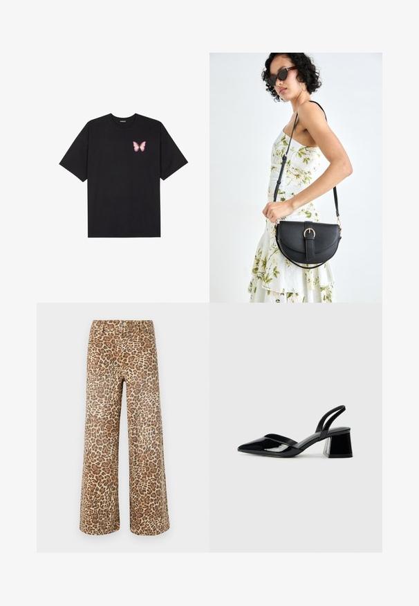 Fekete pamut póló rövid ujjakkal, bal mellkason egy kis rózsaszín pillangó grafikával. Kerek nyakú kialakítás, laza fazonnal.; Leopárdmintás, bézs és barna árnyalatú, bőszárú nadrág, klasszikus derékrésszel, gombos záródással és öt zsebes kialakítással.; Fekete lakk bőr szandálkés magas sarkú cipő, hegyes orral és geometrikus tömbsarkakkal. Karcsú, minimalista dizájn és sima textúra jellemzi.; Fekete bőrtáska ívelt formával, levehető pánttal és arany színű fémrészekkel. A táskán egy csattal díszített fedél található.