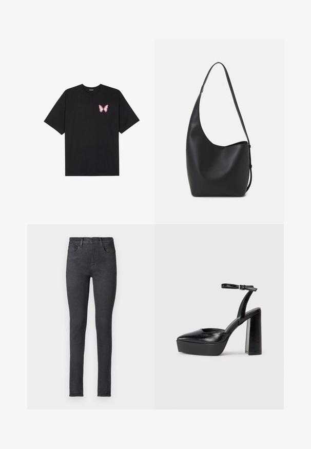 Black cotton t-shirt with short sleeves, featuring a small pink butterfly graphic on the left chest. Crew neck design with a relaxed fit.; Black denim skinny jeans with a mid-rise waist, five pockets, and a zipper fly. Smooth texture and fitted silhouette.; Black platform heels with a pointed toe and adjustable ankle strap. Constructed from smooth leather, featuring a chunky block heel.; Black leather hobo bag with a smooth texture, curved shape, and single adjustable strap; features a wide opening at the top.