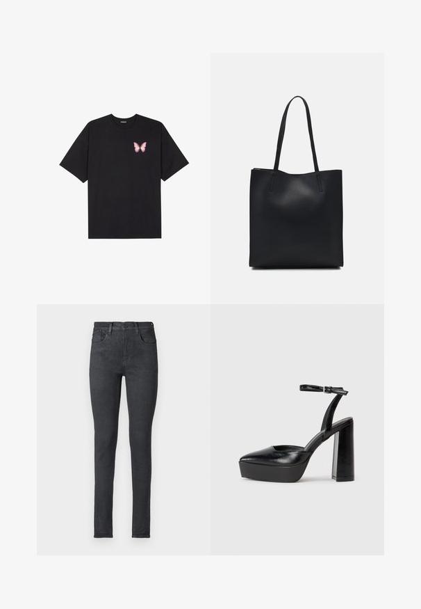 Crna pamučna majica s kratkim rukavima, s malim grafičkim prikazom ružičaste vjetricaste s desne strane na prsima. Dizajn s okruglim izrezom i opuštenim krojem.; Crne uske traperice od denima s visokim strukom, pet džepova i patentnim zatvaračem. Glatka tekstura i prilagodljiv silueta.; Crne platforme s potpeticom s oštrim vrhom i podešivom naramenicom. Izrađene od glatke kože, s masivnom blok petom.; Crna kožna torba za nošenje s glatkom teksturom, pravokutnim oblikom i dvije duge ručke. Nema vidljivih metalnih dijelova ili ukrasa.