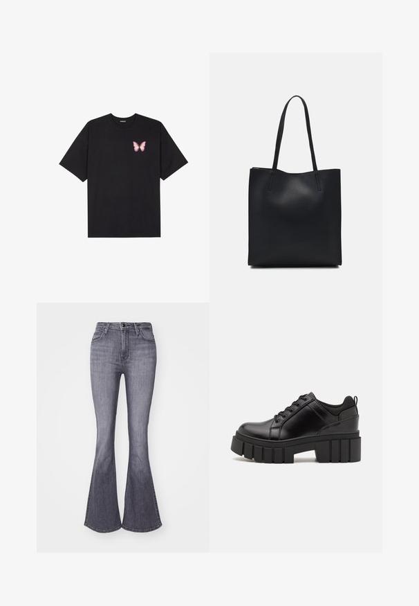 Crna pamučna majica s kratkim rukavima, s malim grafičkim prikazom ružičaste vjetricaste s desne strane na prsima. Dizajn s okruglim izrezom i opuštenim krojem.; Lee BREESE - Trapezaste traperice - grey denim; Crne kožne platforme s debelim blok-peta, okruglim prstima i klasičnim dizajnom vezanja. Imaju gladak tekstur i minimalne detalje.; Crna kožna torba za nošenje s glatkom teksturom, pravokutnim oblikom i dvije duge ručke. Nema vidljivih metalnih dijelova ili ukrasa.