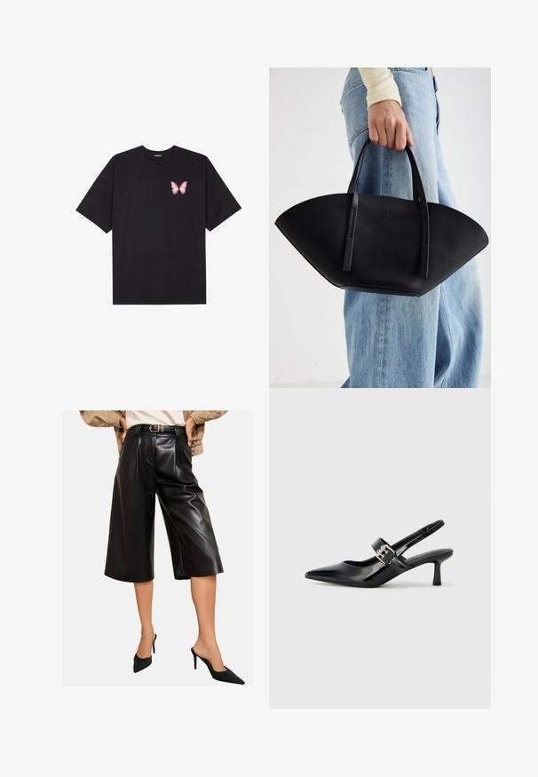 Musta puuvillapaita lyhyillä hihoilla, jossa on pieni vaaleanpunainen perhosgrafiikka vasemmassa rinnassa. Pyöreä kaula-aukko ja rento istuvuus.; Mustat keinonahasta valmistetut culottes-housut, joissa on leveä lahje, etuhelmakuolet ja vyöllinen korkea vyötärö. Sileä pinta, jossa on kiiltävä viimeistely.; Musta patenttinaahkakengät, joissa on osoittava kärki ja pieni lohko korko, varustettuna hopeisella soljella hihnassa.; Musta nahkainen käsilaukku, jossa on ainutlaatuinen tuulihattukuvio, jossa on litteät kahvat. Pinnassa on karkeapintainen rakenne ja minimalistinen muotoilu.