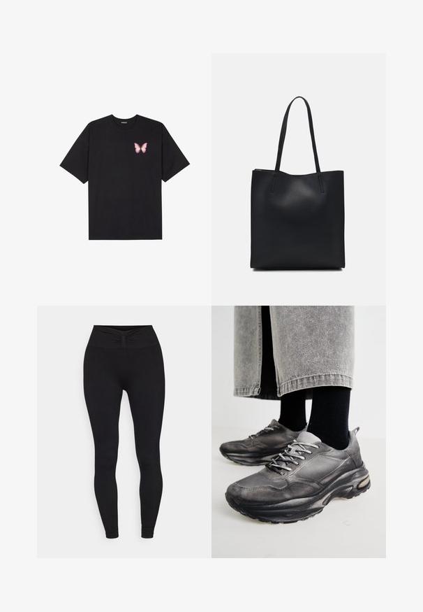 T-shirt de algodão preto com mangas curtas, apresentando um pequeno gráfico de borboleta rosa no lado esquerdo do peito. Design de gola redonda com um corte solto.; Yogasearcher NALA - Leggings - black; Sapatilhas atléticas pretas e cinzentas apresentam um upper em malha, solas espessas e atacadores. Têm um bico arredondado e detalhes de amortecimento visíveis.; Bolsa tote preta em couro com textura lisa, forma retangular e duas alças longas. Sem hardware ou enfeites visíveis.