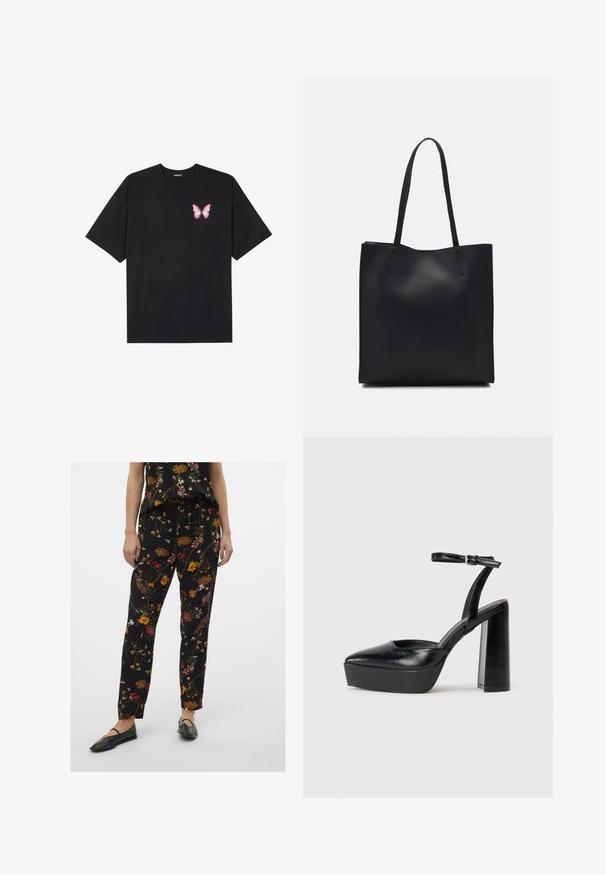 Svart bomulls T-skjorte med korte ermer, med en liten rosa sommerfugl grafikk på venstre bryst. Crew-neck design med en avslappet passform.; Svarte blomsterbukser med en avslappet passform, som har flerfargede blomsterdesign, snor i livet og sidelommer. Kombinert med stilige svarte leiligheter.; Sorte plattformhelter med spiss tå og justerbar ankelrem. Laget av glatt lær, med en robust blokkhel.; Svart lær tote bag med glatt tekstur, rektangulær form og to lange håndtak. Ingen synlige deler eller dekorasjoner.