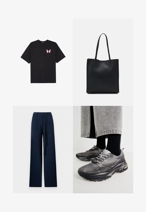 Črna bombažna majica s kratkimi rokavi, ki ima majhen roza metuljček na levi strani prsnega dela. Majica s krožnim ovratnikom in sproščenim krojem.; Mornarsko široke hlače iz lahkega materiala, s visokim pasom, sprednjimi gubami in pasom iz istem materiala za prilagajanje.; Črne in sive športne čevlje imajo mrežast zgornji del, debele podplate in vezalke. Imajo zaobljen nos in opazne podrobnosti oblazinjenja.; Črna usnjena torba s svilnato teksturo, pravokotne oblike in dvema dolgima ročajema. Brez vidnih metalnih delov ali okrasnih elementov.