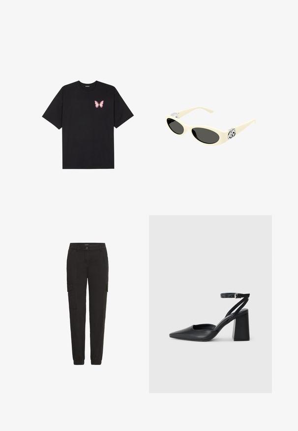 Black cotton t-shirt with short sleeves, featuring a small pink butterfly graphic on the left chest. Crew neck design with a relaxed fit.; Black cargo pants made of lightweight fabric, featuring an elastic waistband, side pockets, and a relaxed fit.; Black leather pointy-toe pump with an ankle strap and a chunky heel. Flat texture, sleek design, and minimalistic aesthetics.; Cream-colored sunglasses with oval lenses, black tint, and metallic logo accents at the temples. Smooth texture, cat-eye design.; Black leather handbag with a curved shape, detachable strap, and gold hardware. The bag features a flap with a buckle detail.