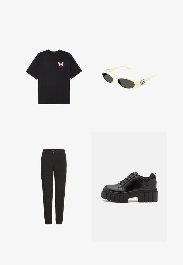 Black cotton t-shirt with short sleeves, featuring a small pink butterfly graphic on the left chest. Crew neck design with a relaxed fit.; Black cargo pants made of lightweight fabric, featuring an elastic waistband, side pockets, and a relaxed fit.; Black leather platform shoes with a chunky block heel, round toe, and traditional lace-up design. Features smooth texture and minimal detailing.; Cream-colored sunglasses with oval lenses, black tint, and metallic logo accents at the temples. Smooth texture, cat-eye design.