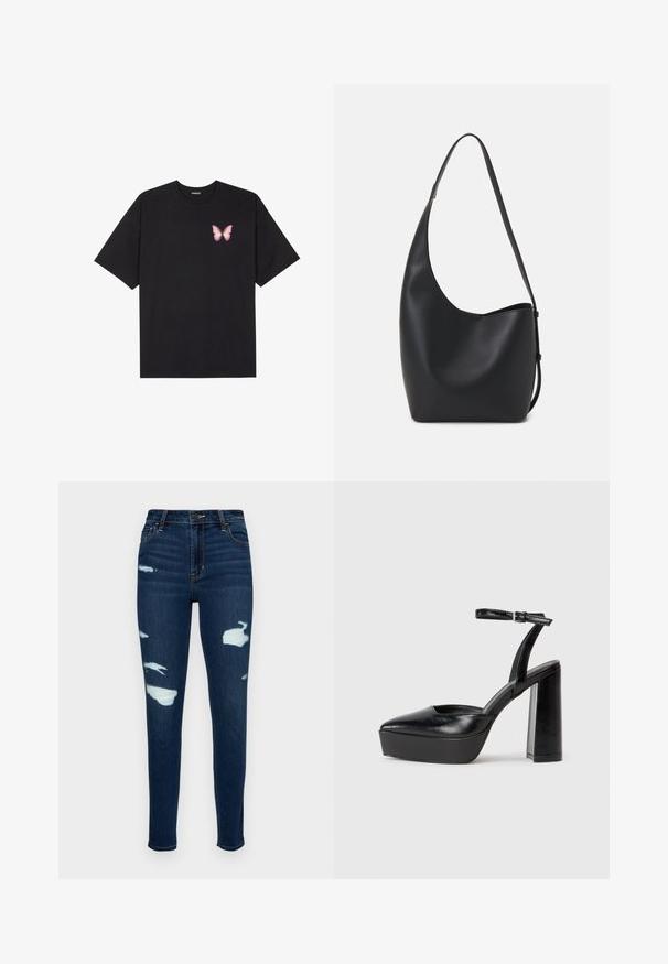Crna pamučna majica s kratkim rukavima, s malim grafičkim prikazom ružičaste vjetricaste s desne strane na prsima. Dizajn s okruglim izrezom i opuštenim krojem.; Tamno plavi uski traperice, izrađene od denima, s izrabljenim krpicama i načetim detaljima. Klasičan dizajn s pet džepova i zatvaračem.; Crne platforme s potpeticom s oštrim vrhom i podešivom naramenicom. Izrađene od glatke kože, s masivnom blok petom.; Crna kožna hobo torba s glatkom teksturom, zakrivljenim oblikom i jednom podesivom trakicom; ima širok otvor na vrhu.