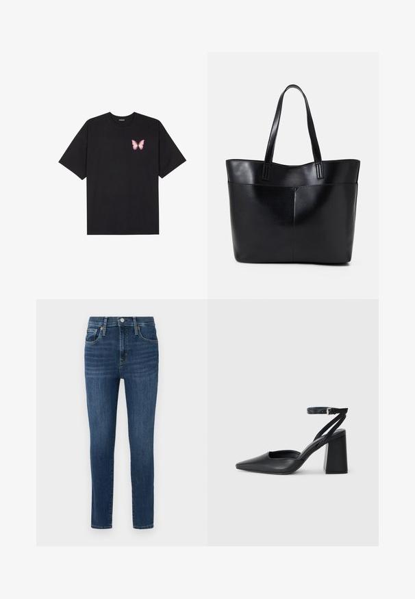 Crna pamučna majica s kratkim rukavima, s malim grafičkim prikazom ružičaste vjetricaste s desne strane na prsima. Dizajn s okruglim izrezom i opuštenim krojem.; Tamno plave traperice s uskim krojem, dizajnom s pet džepova, akcentima od bakrenih dugmadi i laganim izbjeljivanjem sprijeda. Čista obruba i standardni pojas.; Crne kožne cipele s špicastim vrhom, remenom oko gležnja i debelim potplatom. Ravna tekstura, elegantan dizajn i minimalistička estetika.; Crna kožna torba s dugim ručkama, glatkom teksturom i strukturiranim oblikom. Ima prednju džep za dodatno pohranu.