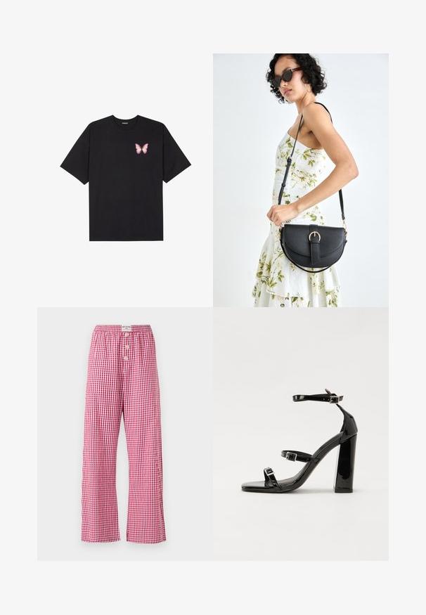 Must muströöpidega must puuvillane T-särk, vasakul rinnal on väike roosa liblikas. Ümar kaelus ja vabalt istuv lõige.; Punased ja valged ruudulised pidžaamapüksid laia säärega, elastse küljepaistega ja kolme nupuga. Valmistatud kergest kangast.; Mustad läikiva lakknahaga kõrge kontsaga sandaalid kahe pandlaga, kandilised varbad ja jäme plokk-kontsaosa, millel on sile ja läikiv tekstuur.; Mustmust mustraha kõverate joontega, eemaldatava rihmaga ja kuldsete detailidega. Kotil on klapp, millel on pandladetail.