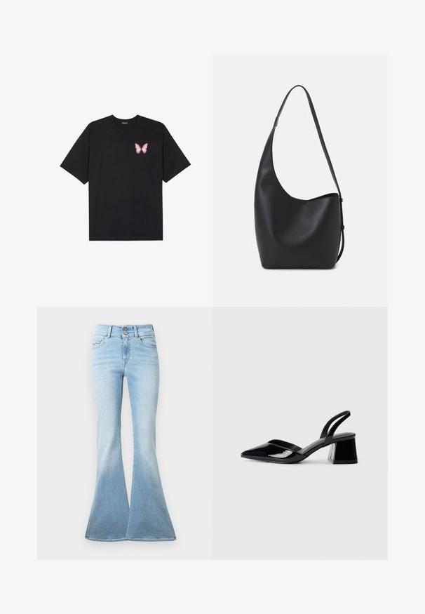 Černé bavlněné tričko s krátkým rukávem, na levém prsou s malou grafikou růžové motýlky. Design s kruhovým výstřihem a volným střihem.; Světle modré zvonové džíny vyrobené z denimu. Vyznačují se vysokým pasem se dvěma knoflíky a mírným zesvětlením k lemování. Klasický design s pěti kapsami.; Černé lakované kožené lodičky na pásku s špičatou špičkou a geometrickým blokovým podpatkem. Vyznačují se elegantním, minimalistickým designem a hladkým povrchem.; Černá kožená hobo taška s hladkým povrchem, zakřiveným tvarem a jedním nastavitelným popruhem; má široké otevírání nahoře.