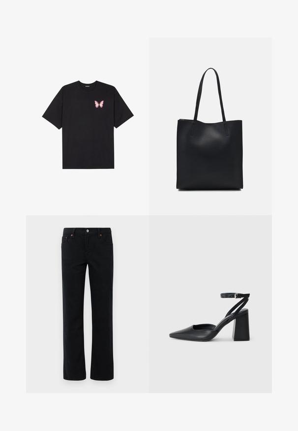 Black cotton t-shirt with short sleeves, featuring a small pink butterfly graphic on the left chest. Crew neck design with a relaxed fit.; Abercrombie & Fitch Straight leg jeans - black; Black leather pointy-toe pump with an ankle strap and a chunky heel. Flat texture, sleek design, and minimalistic aesthetics.; Black leather tote bag with smooth texture, rectangular shape, and two long handles. No visible hardware or embellishments.
