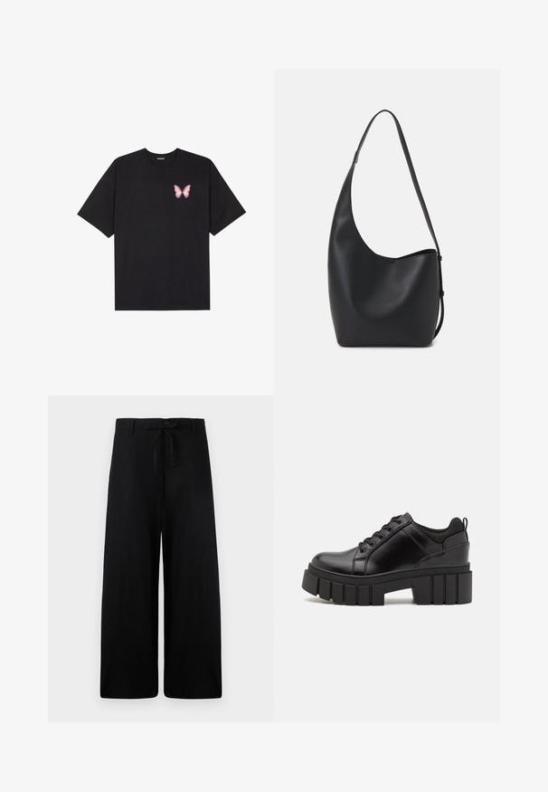 Crna pamučna majica s kratkim rukavima, s malim grafičkim prikazom ružičaste vjetricaste s desne strane na prsima. Dizajn s okruglim izrezom i opuštenim krojem.; Široke crne lanene hlače s pojasom za stezanje i kopčanjem na dugme. Imaju glatku teksturu i lepršavi kroj.; Crne kožne platforme s debelim blok-peta, okruglim prstima i klasičnim dizajnom vezanja. Imaju gladak tekstur i minimalne detalje.; Crna kožna hobo torba s glatkom teksturom, zakrivljenim oblikom i jednom podesivom trakicom; ima širok otvor na vrhu.