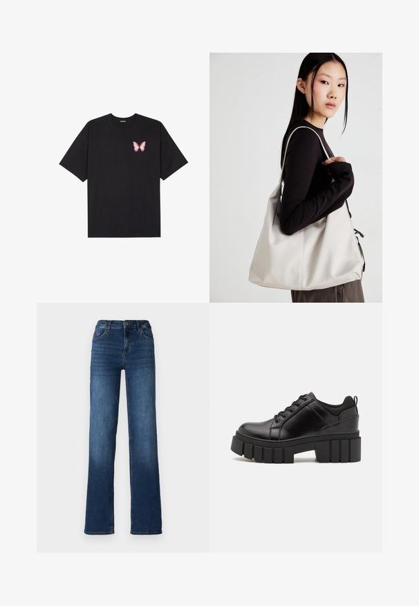 T-shirt de algodão preto com mangas curtas, apresentando um pequeno gráfico de borboleta rosa no lado esquerdo do peito. Design de gola redonda com um corte solto.; Jeans de ganga azul escuro com um design de perna reta, cintura a meio do corpo e desbotamento subtil nas bainhas. Apresenta cinco bolsos e fecho com botão.; Sapatos de plataforma em couro preto com um salto bloco robusto, bico redondo e design clássico de atacadores. Apresentam uma textura suave e detalhes mínimos.; Uma bolsa bege feita de material macio, com um design descontraído, detalhes de costura e duas alças para o ombro. Adequada para uso diário.
