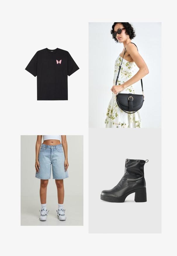 Camiseta de algodón negra de manga corta, con un pequeño gráfico de mariposa rosa en el lado izquierdo del pecho. Diseño de cuello redondo con un corte relajado.; Pantalones cortos de mezclilla de color azul claro con un ajuste relajado, que cuentan con cinco bolsillos, cierre de botón y un dobladillo que termina justo por encima de las rodillas.; Botines negros de tobillo, hechos de cuero suave, con cierre lateral, tacón grueso texturizado y diseño de punta redondeada.; Bolso de piel negra con forma curva, correa desmontable y herrajes dorados. El bolso cuenta con una solapa con un detalle de hebilla.