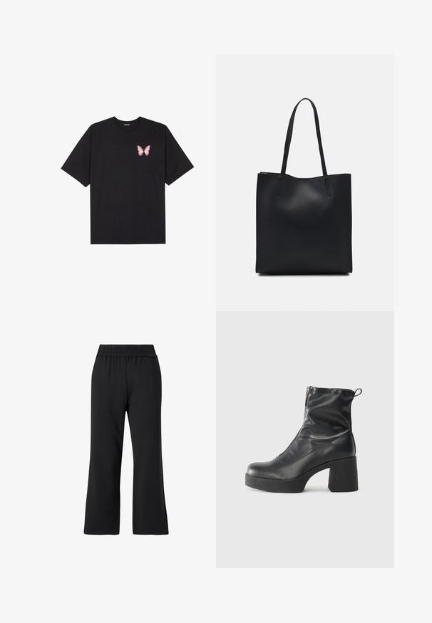 Black cotton t-shirt with short sleeves, featuring a small pink butterfly graphic on the left chest. Crew neck design with a relaxed fit.; Black athletic pants with a wide-leg design. Made from soft fabric, featuring an elastic waistband and no visible hardware or patterns.; Black ankle boots made of smooth leather, featuring a side zipper, chunky textured heel, and rounded toe design.; Black leather tote bag with smooth texture, rectangular shape, and two long handles. No visible hardware or embellishments.