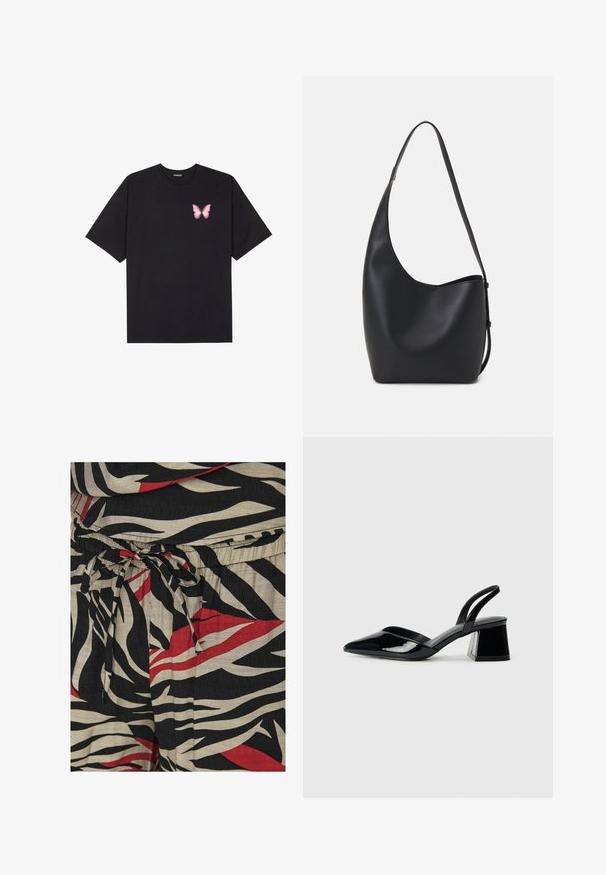 Tricou negru din bumbac cu mâneci scurte, având pe partea stângă a pieptului un mic grafic cu un fluture roz. Design cu guler rotund și croială lejeră.; Țesătură neagră, ivoare și roșie cu un model îndrăzneț de dungi de zebră. Talie are un șnur ajustabil pentru o potrivire perfectă. Textura pare ușoară.; Pantofi cu toc slingback din piele lacuită neagră, cu vârf ascuțit și toc geometric. Prezintă un design elegant, minimalist și o textură netedă.; Geantă hobo din piele neagră, cu o textură netedă, formă curbată și un singur bretele ajustabil; are o deschidere largă în partea de sus.