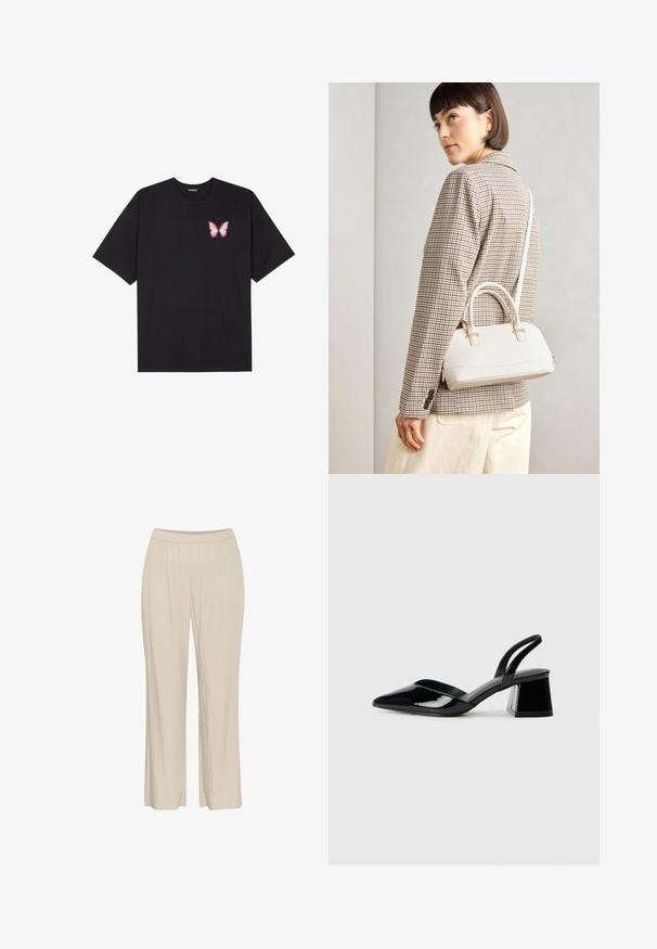 Svart bomullströja med korta ärmar, med en liten rosa fjärilsgrafik på vänster bröst. Rundad halsdesign med en avslappnad passform.; Beiga, lätta, vida byxor gjorda av ett texturerat material med resårmidja och utan synliga knäppningar.; Svarta lackläder slingback klackar med spetsig tå och geometrisk klack. Har en elegant, minimalistisk design och slät yta.; Vitt strukturerat handväska med korta handtag och en axelrem, med gyllene detaljer och texturerat material, visad mot en grå bakgrund.