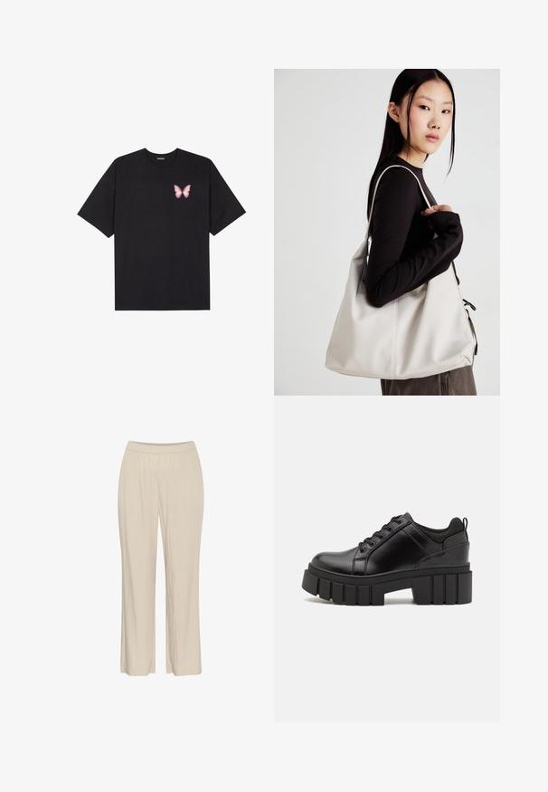 Čierne bavlnené tričko s krátkymi rukávmi, s malým ružovým motýlikom na ľavej hrudi. Design s okrúhlym výstrihom a uvoľneným strihom.; Béžové, ľahké, široké nohavice vyrobené z textúrovanej látky s elastickým pásom a bez viditeľných zapínaní.; Čierne kožené platformy s masívnym blokovým podpätkom, okrúhlou špičkou a tradičným šnurovaním. Má hladký povrch a minimálne detaily.; Béžová kabelka vyrobená z mäkkého materiálu, s uvoľneným dizajnom, prišitými detailmi a dvoma popruhmi na nosenie na pleciach. Vhodná na každodenné nosenie.