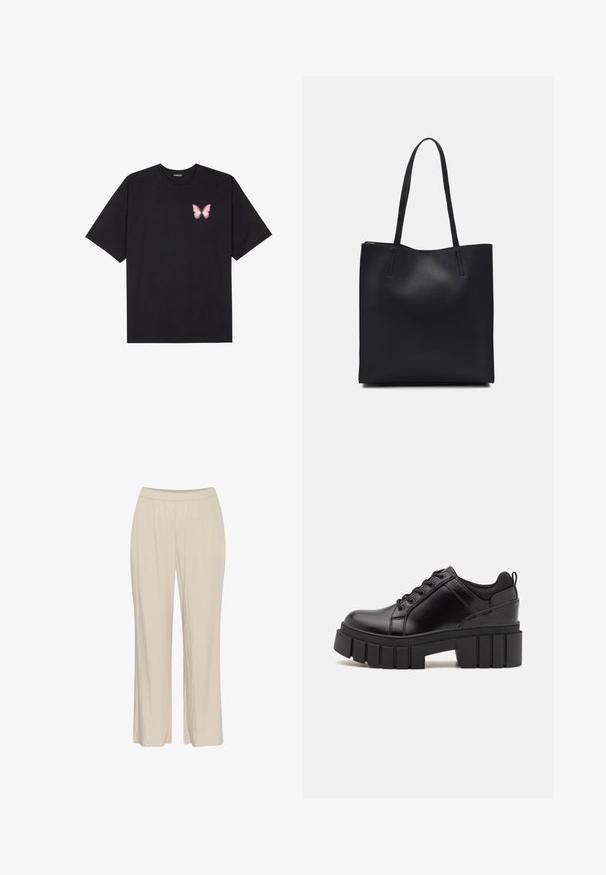 T-shirt nera in cotone con maniche corte, caratterizzata da una piccola grafica di una farfalla rosa sul lato sinistro del petto. Design a girocollo con una vestibilità rilassata.; Pantaloni beige leggeri a gamba larga realizzati in un tessuto testurizzato, con una vita elastica e senza chiusure visibili.; Scarpe platform in pelle nera con tacco a blocco robusto, punta rotonda e design tradizionale con lacci. Presentano una superficie liscia e dettagli minimi.; Borsa tote in pelle nera con texture liscia, forma rettangolare e due manici lunghi. Nessun hardware o decorazione visibile.