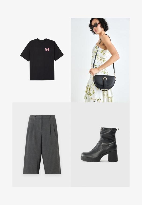 Čierne bavlnené tričko s krátkymi rukávmi, s malým ružovým motýlikom na ľavej hrudi. Design s okrúhlym výstrihom a uvoľneným strihom.; Šedé šortky s hounds-tooth vzorom, s plisovaním, s upraveným strihom a dĺžkou do polovice stehna. Vyrobené z textúrovanej látky, bez viditeľných zapínaní.; Čierne členkové topánky z hladkej kože, so bočným zipsom, robustnou textúrovanou pätnou časťou a zaobleným dizajnom špičky.; Čierna kožená kabelka s zaobleným tvarom, odnímateľným popruhom a zlatými doplnkami. Kabelka má klopu s detailom s prackou.