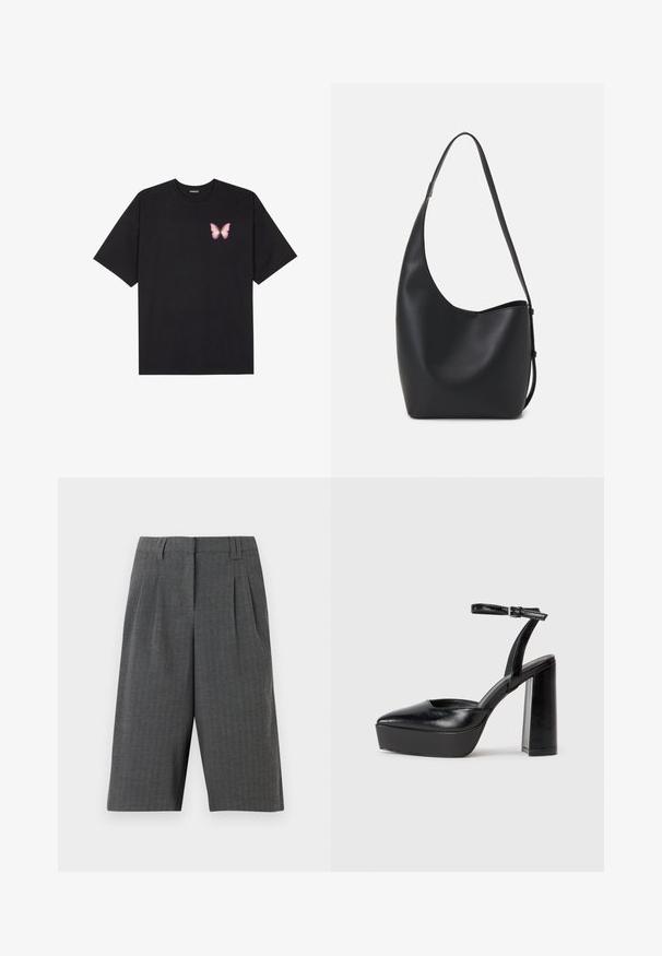 Must muströöpidega must puuvillane T-särk, vasakul rinnal on väike roosa liblikas. Ümar kaelus ja vabalt istuv lõige.; Hallhalli hallhalli lühikesed püksid plekkidega, millel on kohandatud disain ja reie keskosa pikkus. Valmistatud tekstuuriga kangast, nähtavaid kinnitusi ei ole.; Mustad platvormi kontsad terava ninaga ja reguleeritava pahkluuraamiga. Valmistatud siledast nahast, funktsioneerib massiivse plokknäheeliga.; Mustast nahast hobo kott, millel on sile tekstuur, kumer kuju ja üks reguleeritav rihm; peal on lai avaus.