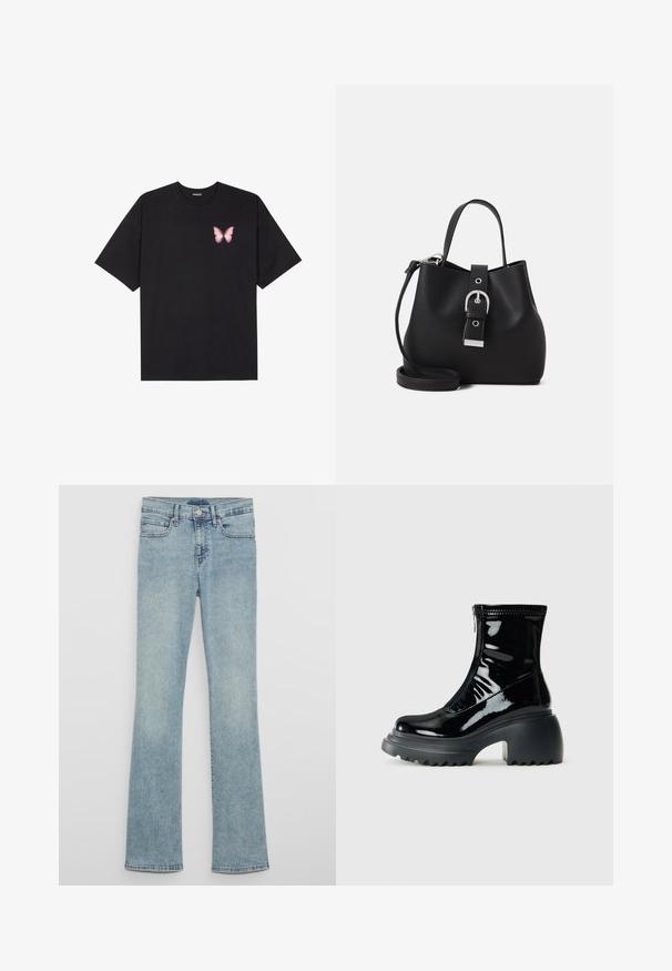 Must muströöpidega must puuvillane T-särk, vasakul rinnal on väike roosa liblikas. Ümar kaelus ja vabalt istuv lõige.; Heledast sinist teksapüksid kõrge vöökohaga, millel on vööaasad, esimesed taskud ja pleekinud pesu tekstuur.; Läikiv must platvormi sääresti saabas ümarate varvastega, jämeda kanna, lukuga ja paksu soonilise tallaga valge tausta ees.; Must beeblast nöörkott, mis on valmistatud siledast nahast, millel on struktureeritud kuju, lühike sang ja eemaldatav õlarihm. Hõbedane pandlakaunistus.