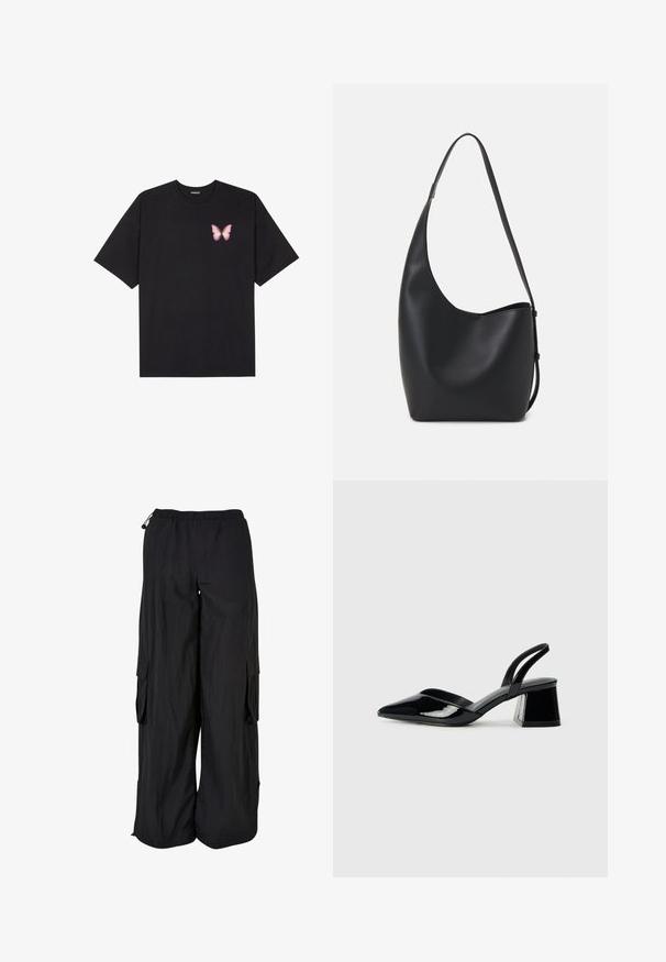 Camiseta de algodón negra de manga corta, con un pequeño gráfico de mariposa rosa en el lado izquierdo del pecho. Diseño de cuello redondo con un corte relajado.; Pantalones cargo negros con cintura elástica, corte holgado, tejido ligero, bolsillos laterales y un acabado texturizado sutil.; Zapatos de tacón slingback de charol negro con punta afilada y tacón geométrico en bloque. Presentan un diseño elegante y minimalista, así como una textura suave.; Bolso tipo hobo de cuero negro con una textura suave, forma curvada y una sola correa ajustable; presenta una amplia apertura en la parte superior.