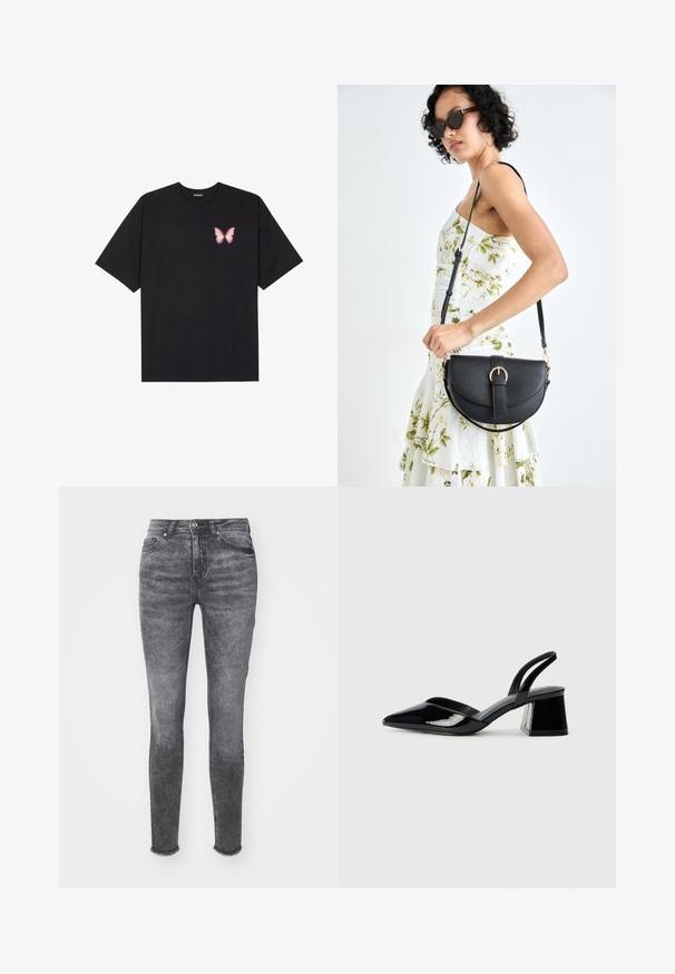 Juodas medvilnės marškinėliai trumpomis rankovėmis, su maža rožine drugelio grafika kairėje krūtinės pusėje. Apvalus kaklo iškirpimas, laisvas kirpimas.; Lieknos džinsai iš išblukusio pilko pluošto, su aukštu juosmeniu, sagčių uždarymu ir nuluptu apdaila. Pagaminti iš džinsinio audinio su subtiliais tekstūros pokyčiais.; Juodos lakuotos odinės šlepetės su smailiu pirštu ir geometriniu bloko kulnu. Turi elegantišką, minimalistinį dizainą ir lygų paviršių.; Juodas odinis krepšys su išlenkta forma, nuimamu dirželiu ir auksiniais detalėmis. Krepšys turi kilpą su sagtimi.; Sidabrinės auskarai žiedai su sėslia, apvalia forma, pasižymintys lygia paviršiumi ir be matomų puošmenų. Svoris nenurodytas.