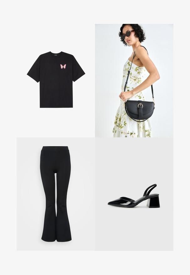 T-shirt de algodão preto com mangas curtas, apresentando um pequeno gráfico de borboleta rosa no lado esquerdo do peito. Design de gola redonda com um corte solto.; Leggings pretos em tecido elástico. Apresentam uma cintura alta e uma textura suave. Terminam numa bainha ampla.; Sandy em verniz preto com salto slingback, ponta afilada e salto geométrico. Apresenta um design elegante e minimalista com textura suave.; Bolsa de couro preta com forma curva, alça destacável e detalhes em dourado. A bolsa possui uma aba com detalhe de fivela.