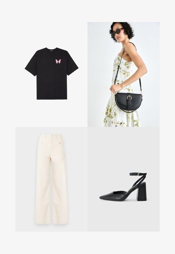 T-shirt en coton noir à manches courtes, avec un petit graphique de papillon rose sur la poitrine gauche. Modèle à col rond avec une coupe décontractée.; Pantalons à jambes larges en coton ivoire. Dotés d'une taille haute, de deux poches arrière avec des boutons en métal, et d'une texture lisse et propre.; Escarpin noir en cuir à bout pointu avec une bride de cheville et un talon épais. Texture lisse, design élégant et esthétique minimaliste.; Sac à main en cuir noir avec une forme courbée, bandoulière amovible et des accessoires en or. Le sac est doté d'un rabat avec un détail de boucle.