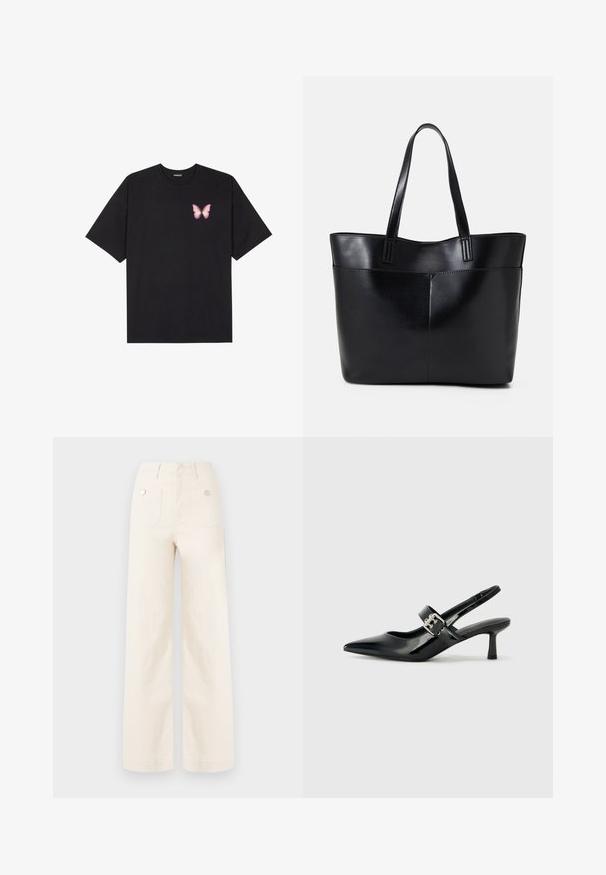 Must muströöpidega must puuvillane T-särk, vasakul rinnal on väike roosa liblikas. Ümar kaelus ja vabalt istuv lõige.; Laiad püksid läbi koorevalge puuvilla. Omavad kõrget vööd, kahte tagumist taskut metallnuppudega ning puhtat, siledat tekstuuri.; Mustad patenteeritud nahast sildiga kontsad, millel on terav nina ja väike plokk-konts, mille rihmal on hõbedane pandla aksessuaar.; Must mustaga musta nahast, millel on kaks pikka kanda, sile tekstuur ja struktureeritud kuju. Esipoolsel on lisakoti jaoks tasku.