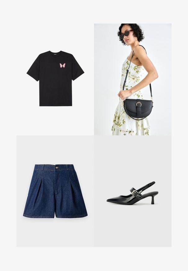 T-shirt de algodão preto com mangas curtas, apresentando um pequeno gráfico de borboleta rosa no lado esquerdo do peito. Design de gola redonda com um corte solto.; Shorts de denim azul escuro com pregas, fecho com botão e bolsos laterais. Apresenta costura visível e uma textura suave.; Saltos slingback em verniz preto com bico pontiagudo e um pequeno salto bloco, apresentando um detalhe de fivela prateada na tira.; Bolsa de couro preta com forma curva, alça destacável e detalhes em dourado. A bolsa possui uma aba com detalhe de fivela.